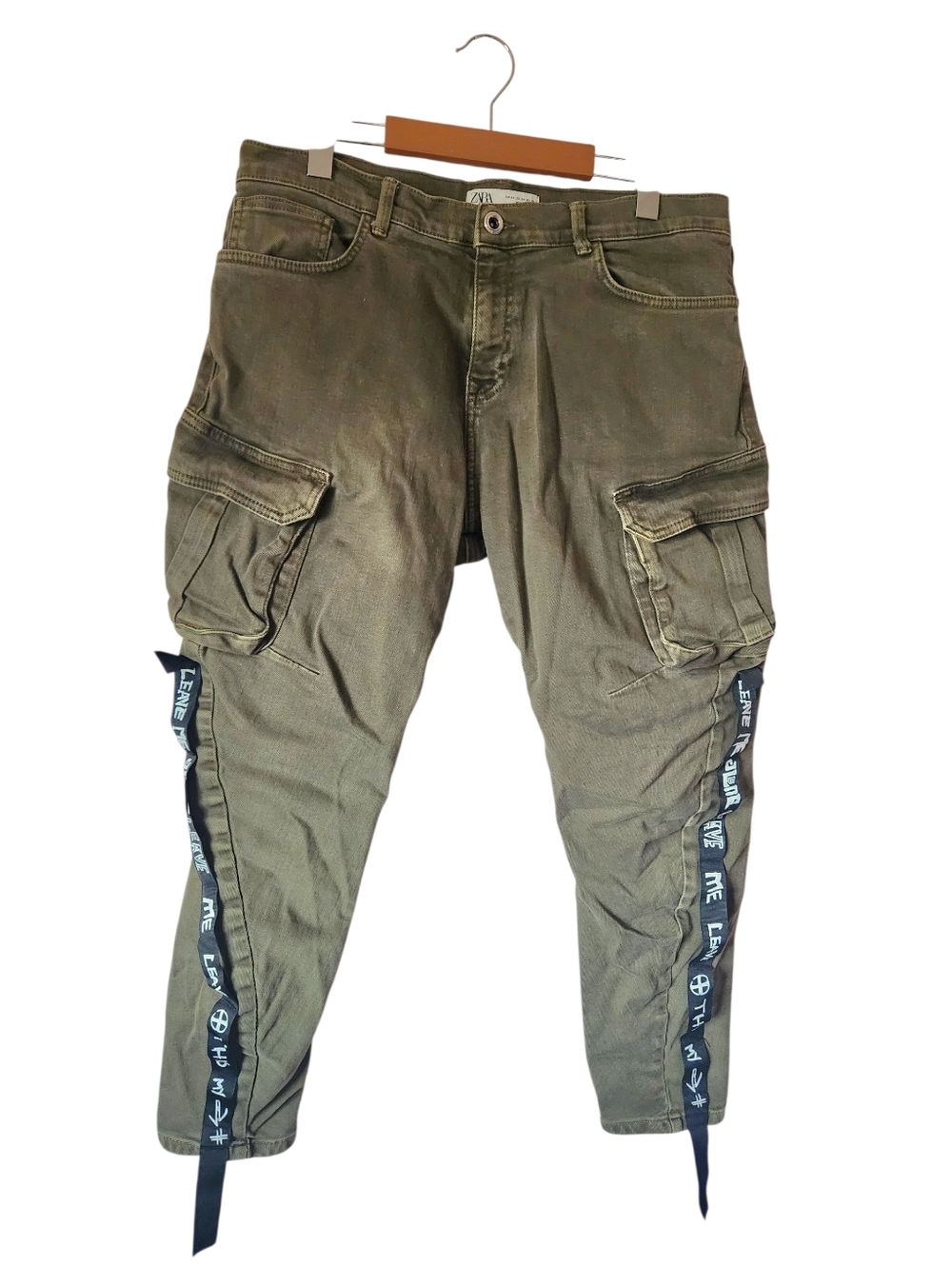 Rare Zara Men’s Olive Green Cargo Pants "Leave Me Alone" Straps EUC Size 34x25